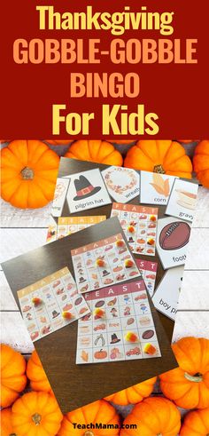 thanksgiving gobble - goble bingo game for kids with pumpkins in the background