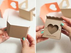 two pictures of someone holding a small cardboard box with a heart cut out of it