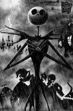 a black and white photo of an animated character in the rain with his arms outstretched