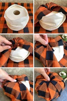 four pictures showing how to make a buffalo plaid bow for a pumpkin wreath with ribbon