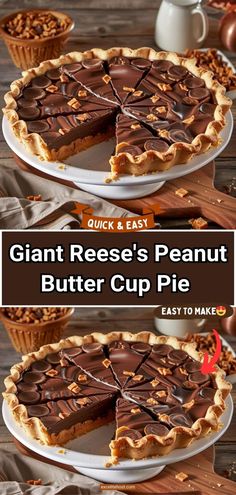 giant reese's peanut butter cup pie on a wooden table with the words, giant reese's peanut butter cup pie