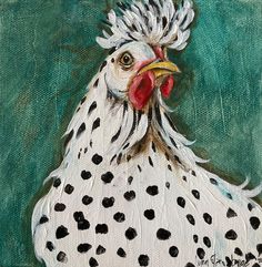 a painting of a white and black chicken with spots on it's head, standing in front of a green background