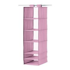 a pink hanging shelf with four shelves on each side