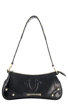 Infused with heritage style, this small and stylish faux leather shoulder bag is finished with a raised logo and gleaming cabochon studs. 5"H x 11"W x 2"D 10" strap drop Top zip closure Shoulder strap Lined Faux leather Imported Fun Wishlist Ideas, Chrome Hearts Purse, True Religion Purse, Wishlist Ideas I Want, Purse Aesthetic, Outfit Pieces, Y2k Shoulder Bag, Hello Kitty Bag, Studded Jeans