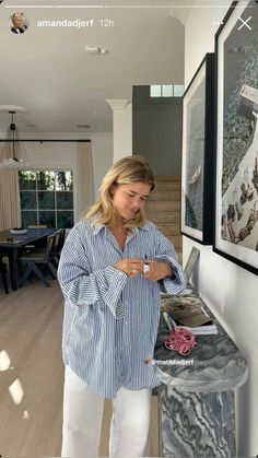 @amandadjerf Spring Outfits Button Up Shirt, Kourtney Kardashian Prada Dress, Colorful Work Outfits Summer, Relaxed Summer Outfits Casual, Cotton Linen Pants Outfit, Garage Sale Outfit, Spring Errands Outfit, Button Down Outfit Women, Provence Outfit