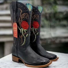 Quincy Red Rose Black Cowgirl Boot Mexican Botas, Dark Red Boots, Black Cowgirl Boots, Black Quinceanera Dresses, Black Cowgirl, Wedding Boots, Genuine Leather Boots, Red Boots, Rose Black