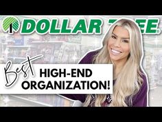 a woman is smiling and standing in front of the dollar tree sign that says best - end organization