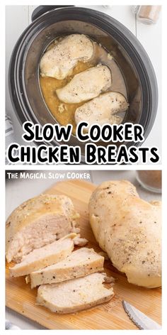 the slow cooker chicken breast is cut into pieces