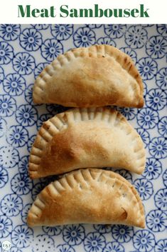 three pastries on a blue and white plate