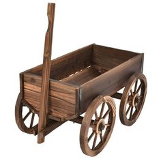 a wooden wagon with wheels and a stick sticking out of it