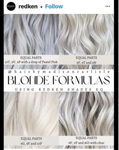 Summer Blondes, Redken Toner, Blonde Formulas, Toner Formulas, Redken Formulas, Shades Eq Formulas, Blonde Toner, Hair Formulas