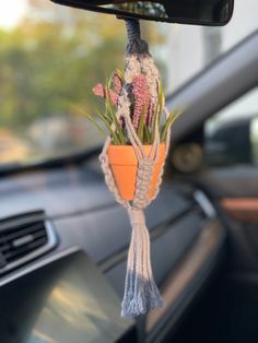 a car dashboard with a plant hanging from it's side mirror