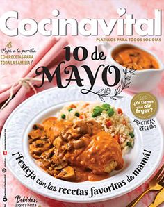 a magazine cover with meat and rice on the plate, next to utensils