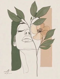 a drawing of a woman with her eyes closed and flowers in front of her face