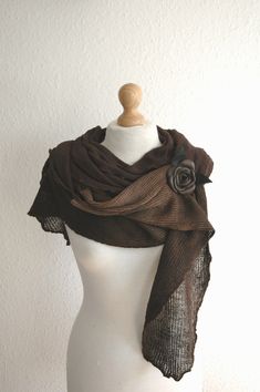 Unique Brown LINEN knitted Scarf made from natural linen,decorated with linen fabric, finished with ornamental stitch in brown. This shawl is very light and delicate, very femine and elegant. It's my own design. It is decorated by leather rose.(which is a safety pin clasp on) Perfect for women who value their individual style. Ideal for many stylisations: leggings, jeans, skirts, and can even be an extraordinary addition to the evening dress. Shawl perfect for both spring and summer, Length : 12 Hippie Gifts, Leather Brooch, Brown Shawl, Soft Gift, Womens Scarf, Linen Scarf, Blanket Shawl, Handmade Scarf, Hippy Gifts