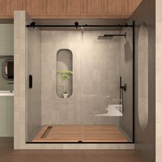 a bathroom with a wooden floor and glass shower door, along with a potted plant in the corner