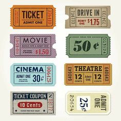 four different movie tickets are shown in this image, each with the same price tag