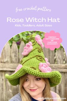 a woman wearing a green knitted hat with pink flowers on it and the text free crochet pattern rose witch hat for kids, toddlers, adult sizes