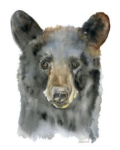 a watercolor painting of a black bear's head with brown eyes and ears