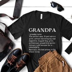 Honor Grandpa or your Father-in-law by defining him with this classic unisex jersey short sleeve tee that fits like a well-loved favorite. Super buttery soft cotton and a comfortable roomy fit make users fall in love with it over and over again. These t-shirts have-ribbed knit collars to bolster shaping. The shoulders have taping for better fit over time. Dual side seams hold the garment's shape for longer. For personalization: Write Grandpa name in the personalization box. (You can choose Gramp Funny Grandpa Shirt, Definition Shirt, Grandpa Funny, Grandpa Shirt, Father In Law, Christian T Shirt, Christmas Gift For Dad, Big Hugs, Branded Shirts