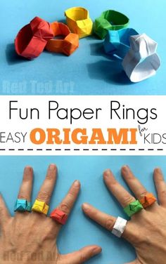 an origami ring made out of colored paper is shown with the words fun paper rings