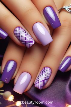 Purple Tones Nails, Purple Biab Nail Designs, Purple And Navy Nails, Purple Nail Polish Designs, Short Sassy Nails, Purple Plaid Nails, Plum Nail Designs, Purple Nails Square, Nail Designs Lavender