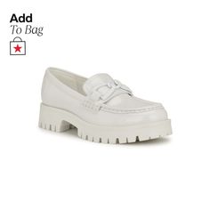 in stock White Patent Leather Loafers For Spring, Formal White Loafers With Lug Sole, White Patent Leather Round Toe Loafers, Flat Synthetic Loafers With Lug Sole, Synthetic Flat Loafers With Lug Sole, Casual Loafers, Lug Sole, Nine West, Pick Up