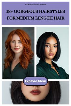 Hairstyle inspiration for medium length hair featuring red wavy and sleek bob styles.