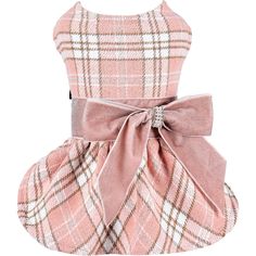 a pink plaid dog dress with a bow