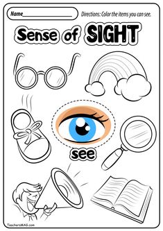 a coloring page with the words sense of sight and an image of a blue eye