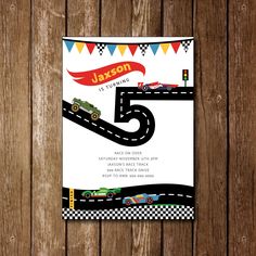 a birthday party card with cars on the road and bunting flags in the background