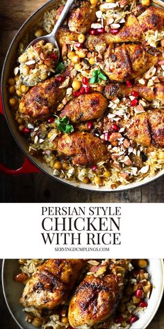 chicken with rice and vegetables in a skillet on a wooden table, next to the words persian style chicken with rice