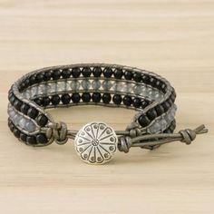 Onyx Quartz Bead and Karen Silver Button Wristband Bracelet - Midnight Clouds | NOVICA