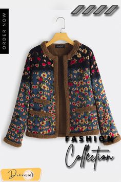 Vintage Floral Print Patch Fleece Long Sleeve Jacket Spring Long Sleeve Fleece Jacket, Long Sleeve Fleece Jacket For Spring, Spring Fleece Outerwear For Cold Weather, Multicolor Long Sleeve Fleece Jacket For Winter, Multicolor Winter Outerwear With Fleece Lining, Cotton Long Sleeve Fleece Jacket For Spring, Spring Long Sleeve Outerwear With Fleece Lining, Long Sleeve Outerwear With Fleece Lining For Spring, Casual Multicolor Fleece Jacket For Winter