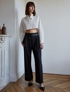 Black Belted Wide Leg Pants-BESTSELLER Minimalism Style, Pixie Market, Summer Shopping, Black Wide Leg Pants, White Button Down Shirt, White Button Down, Trouser Pants Women, White Crop, White Outfits