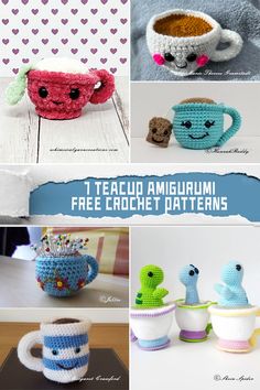 crochet coffee cups and teapots are featured in this collage