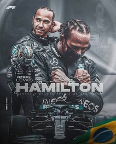 two men standing next to each other in front of a poster with the words hamilton on it