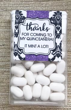 "Sweet 16/Quinceanera Party Tic Tac Sticker Labels are for the 1oz. (29g) Tic Tac containers TIC TACS ARE NOT INCLUDED Perfect favors for a Sweet 16, Quinceanera, Bat Mitzvah or any girl themed party. Can be customized to match your party colors. * * * * * THE DETAILS * * * * * Personalized Engage MINT wrap around Tic Tac sticker labels. TIC TACS ARE NOT INCLUDED The Tic Tac sticker labels are digitally printed on a matte white sticker label and fit on a 1oz. Tic Tac container. Label measures 3. Party Favors For Sweet 16 Cute Ideas, Sweet 16 Party Gifts For Guests, Quince Guest Gifts, Sweet 16 Party Favor Ideas, Sweet Sixteen Favors For Guests, Diy Sweet 16 Party Favors, Diy Quinceanera Favors, Sweet 16 Souvenirs, Sweet 16 Party Favors Ideas Diy