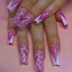 24pcs Halloween Long Ballerina Fake Nails With White French Tip And Pink Spider Web Glitter Heart Design - Sweet And Cool False Nails For Women Brand New Never Worn! Nagellack Trends, Fall Nail Trends, Nail Swag, Fall Nail Art, Pink Halloween, Halloween Nail Art