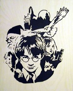 a black and white drawing of harry potter with her friends on it's back