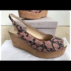 Brand New Jimmy Choo Shoes. 100% Authentic Guaranteed. Comes With A New Box, And Dust Bag. Made In Spain. Trend Of This Summer Jimmy Choo Gold, Comfortable Wedges, Cork Wedges, Jimmy Choo Heels, Cork Wedges Sandals, Ballet Pink, Leather Wedge Sandals, Jimmy Choo Shoes, Platform Wedge Sandals