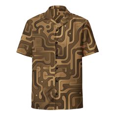 Dare to be different with our Funky Tiger Desert Maze Button-Down Shirt - Valles Marineris. This remarkable short-sleeved shirt is a celebration of adventurous design and artistic expression, serving as a wearable canvas that tells a unique story.  The bold backdrop color sets the stage for our standout design - a mesmerizing maze pattern, symbolizing the unfathomable depth and mystery of this celestial feature.  Constructed from a lightweight, breathable fabric, this shirt promises not only style but comfort. The button-down design allows for versatile wear - buttoned up for a polished look or left open over a simple tee for a more casual ensemble.  The Funky Tiger Desert Maze Button-Down Shirt - Valles Marineris is far more than just a piece of clothing. It's a conversation starter, a te Brown Graphic Print Button-up Top, Brown Short Sleeve Shirt With Graphic Print, Brown Collared Shirt With Graphic Print, Relaxed Fit Hawaiian Shirt With Short Sleeves, Brown Collared Top With Graphic Print, Short Sleeve Khaki Shirt With Buttons, Khaki Short Sleeve Shirt With Buttons, Brown Short Sleeve Tops With Buttons, Khaki Short Sleeve Shirt With Button Closure