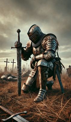 #knight #medieval #warrior #armor #battlefield #sword #epic #war #realism #fantasyart #darkfantasy #heroic #artwork #digitalart #photorealism #historical #legendary Warrior Action Pose, Dark Medieval Aesthetic, Medieval Knight Art, Knight Poses, Knight Kneeling, Medieval Battlefield, Fallen Warrior, Warrior Inspiration, Knight Photo