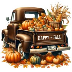 an old truck filled with lots of pumpkins and corn on the back in front of it