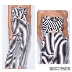 Striped Jumpsuit Lined For Coverage Strapless Neckline Cut Out Front Detail 2 Functional Front Pockets Wide Leg Fabric Content Fabric: 97% Polyester 3% Elastane Lining: 100% Polyester White Casual Strapless Jumpsuit For Party, Fitted White Strapless Jumpsuit For Day Out, White Fitted Strapless Jumpsuit For Day Out, Striped Summer Jumpsuits And Rompers For Night Out, Striped Fitted Jumpsuits And Rompers For Day Out, Striped Jumpsuits For Summer Night Out, Chic Striped Jumpsuits And Rompers For Night Out, Striped Jumpsuits And Rompers For Night Out In Summer, Dickies Cargo Pants