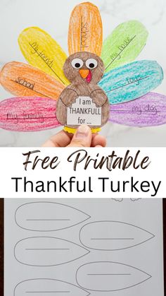 a hand holding a paper turkey with the words, free printable thanksgiving turkey