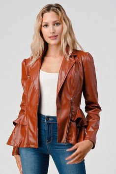 Stay stylish and make a statement in this leather peplum fashion jacket. crafted from high-quality leather, this minimalist jacket will become an essential part of your wardrobe. shop now and get free shipping! Sleek Fitted Leather Jacket For Fall, Trendy Fitted Leather Jacket For Fall, Chic Solid Color Faux Leather Jacket, Chic Faux Leather Jacket, Fitted Faux Leather Outerwear For Spring, Chic Fitted Faux Leather Outerwear, Fitted Faux Leather Outerwear For Fall, Fitted Faux Leather Jacket, Chic Fitted Blazer With Zipper Closure