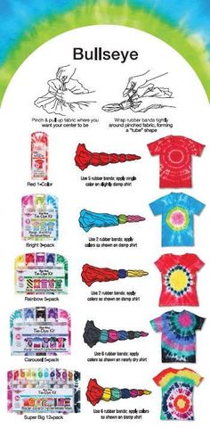 the instructions for how to tie dye t - shirts in different colors and patterns, with pictures