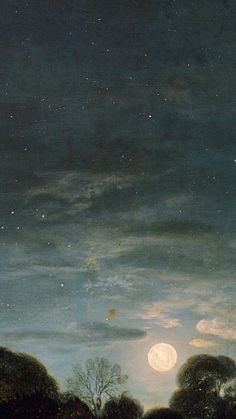 a painting of the night sky with stars and moon in the distance, as seen from an open field