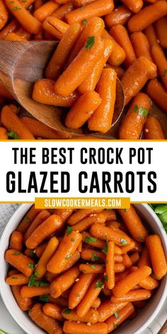 A wooden spoon holding crock pot glazed carrots. Easter Carrots Crockpot, Candy Carrots Recipe Crockpot, Crock Pot Candied Carrots, Maple Glazed Carrots Crockpot, Carmelized Carrots Crockpot, Crockpot Carrots Maple Syrup, Crockpot Cracker Barrel Carrots, Cracker Barrel Carrots Crockpot, Slow Cooker Candied Carrots